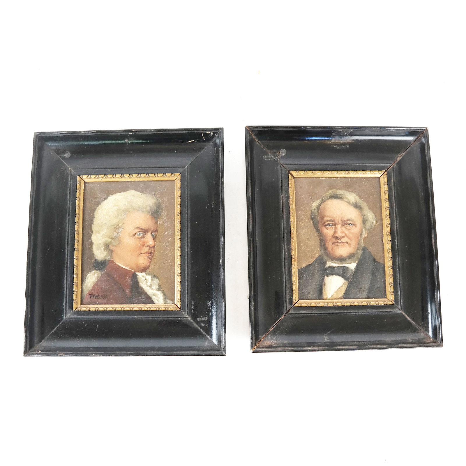 F.HETZLER: Mozart & Wagner - Two Oil Paintings: Two 19th century oil on cardboard paintings of Mozart and Wagner, in ebonized frames. Signed lower corner. [Art: 5 3/4" H x 4 1/4" W; Frame: 10 1/2" H x 9" W]. Both with some abrasions; wear and losse