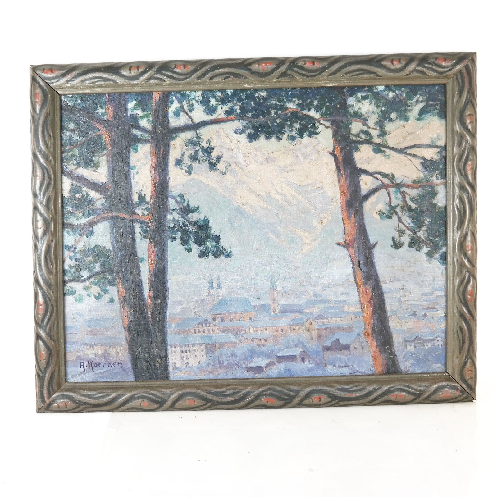 A. KOERNER: Winter Village - Oil Painting: Early 20th century oil on canvas painting of a winter village scene, possibly German or Austrian in front of the Alps, signed "A. Koerner" lower left, bearing partial gallery label to reverse. [Sight: