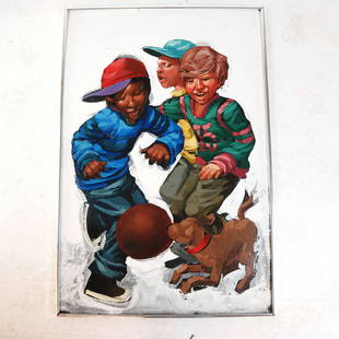 Robert CARTER: 3 Boys & A Dog - Painting: An acrylic on board painting of three boys playing with a dog, signed lower right. Robert Carter (American, b. 1938) is a New York illustrator, painter, and art professor. [Art: 36" H x 24" W; Frame: