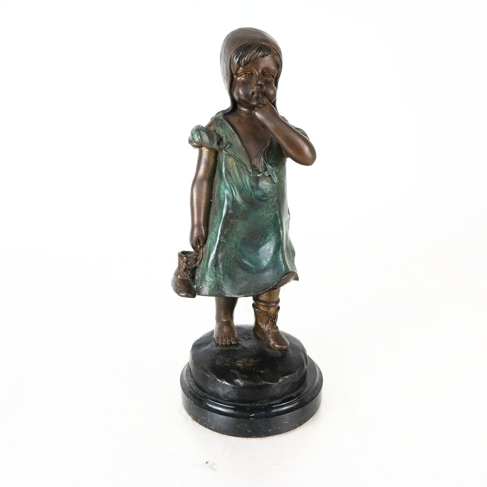 ROSSI: Young Girl - Painted Bronze Sculpture: Painted bronze sculpture of a young girl in a dress, on a marble base, signed "Rossi". [11 1/2" H].
