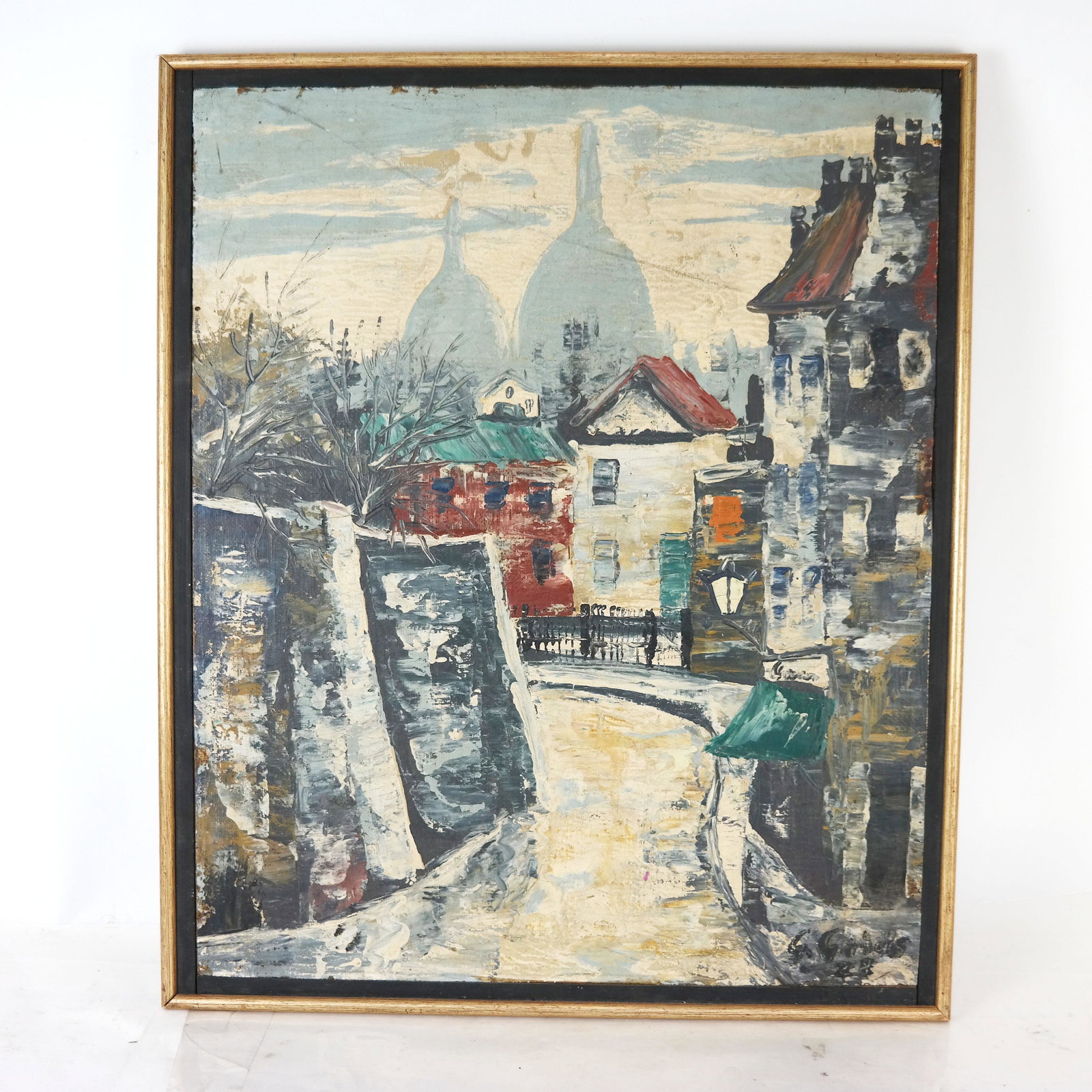 Paris Scene - Oil on Panel Painting: Oil on panel painting of a Parisian scene, illegibly signed. [Art: 22" H x 18" W; Frame: 24" H x 20" W]. In overall good condition.