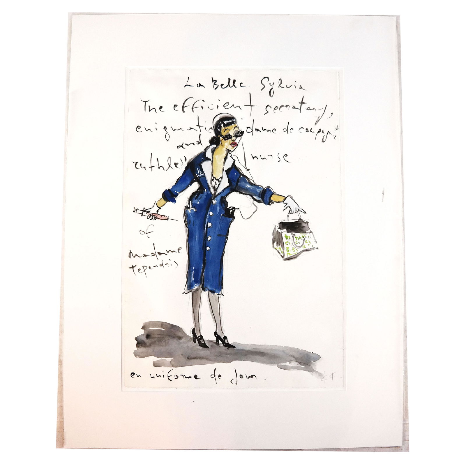 Konstanin KAKANIAS: Watercolor on Paper: Konstantin Kakanias b.1961 Greece. Watercolor on paper. "La Belle Sylvia" depicts a woman holding a syringe and handbag with accompanying caption/poem. Signed in pencil lower right. Unframed. [Sheet: