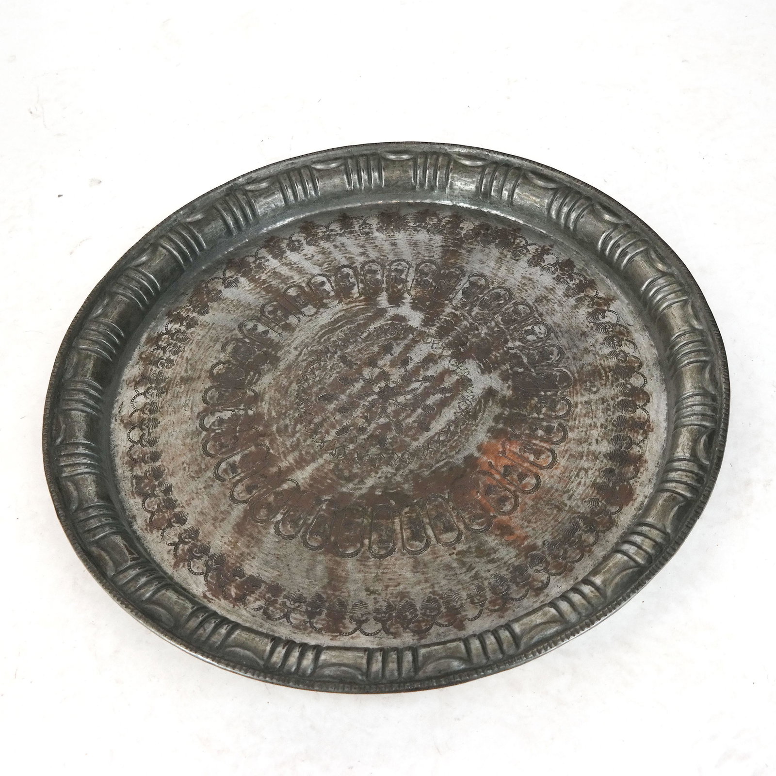 Large Indian Etched Metal Charger: Large Indian etched charger, inscribed and dated. ]26" Diam.]. Wear, dents and scratches.