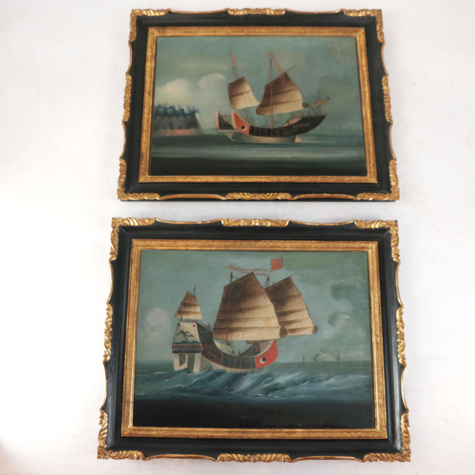Pair of Chinese Export Paintings of Ships (1 of 10)