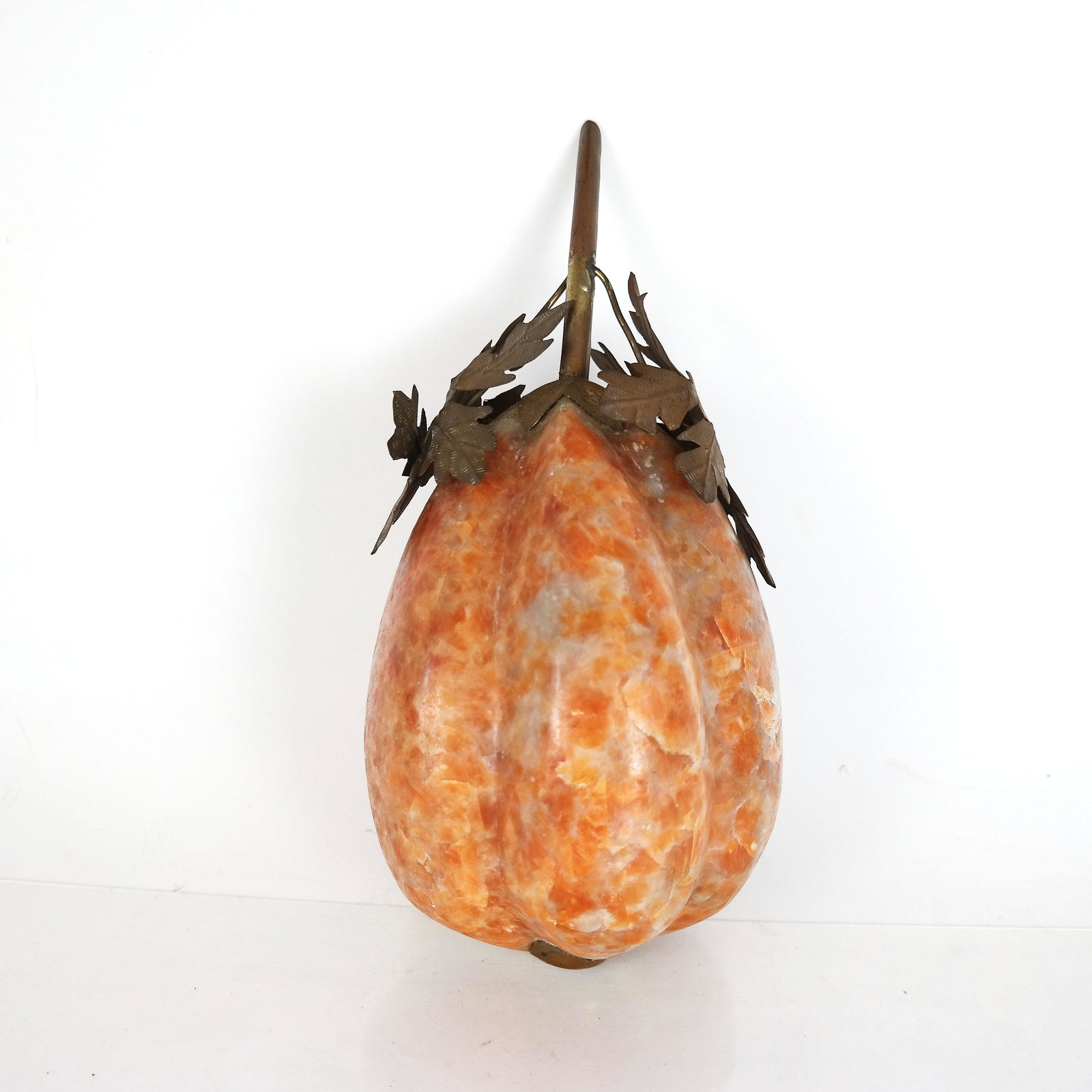 Metal Mounted Marble Decoration: Grooved marble with twig top in the form of a fruit. [11" H x 5" Diam.].