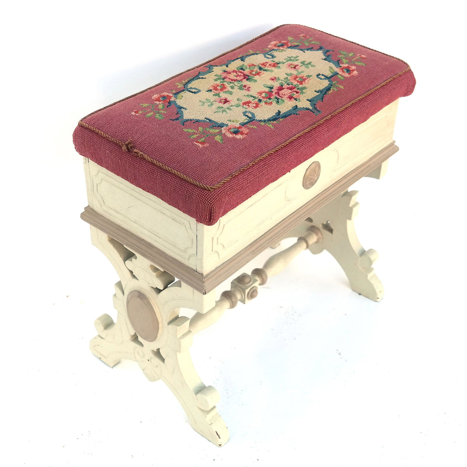 Needlepoint Piano Bench: Small piano bench with needlepoint cover. 20th century. [19" H x 19" W x 10" D]. In good condition.