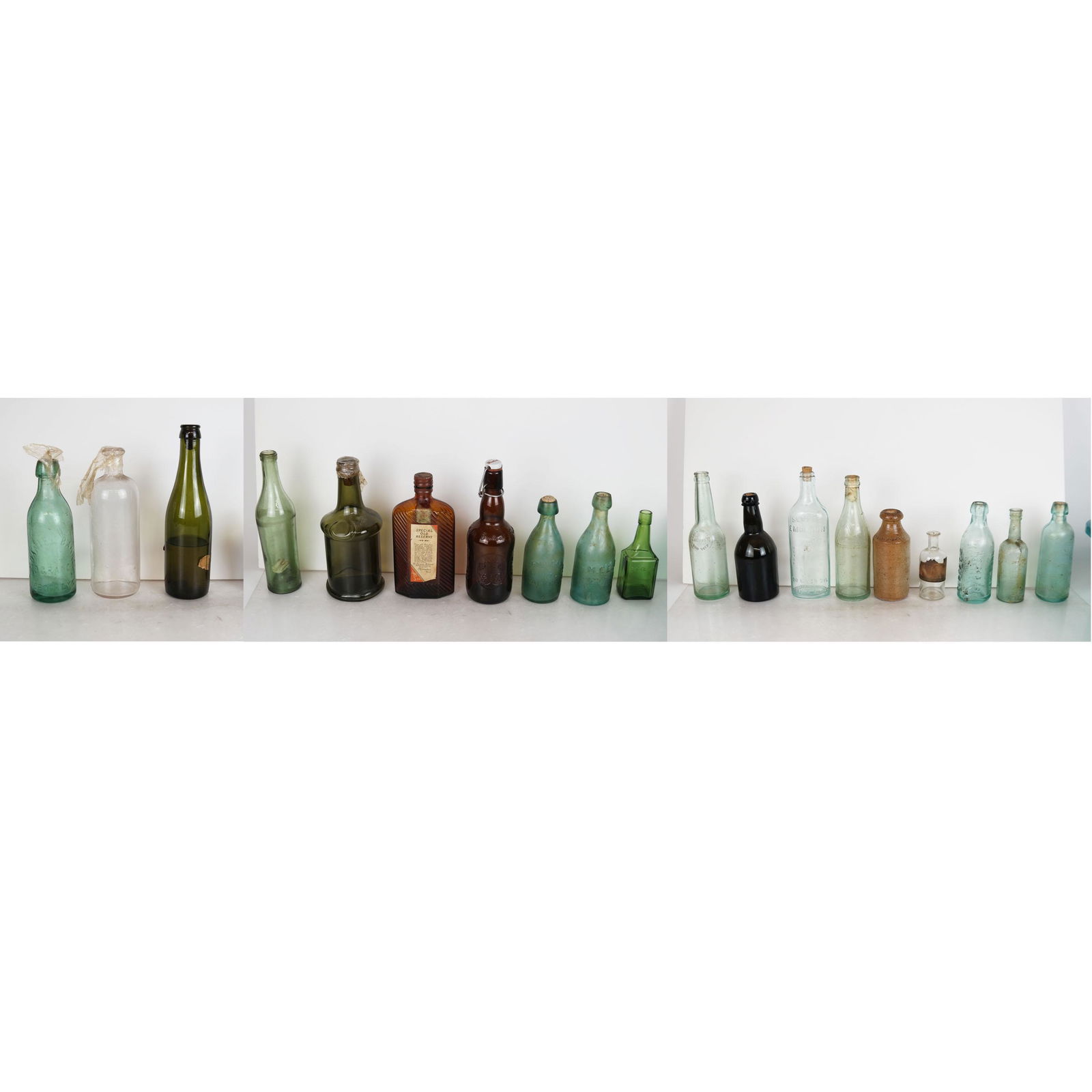 Collection of 19 Vintage Bottles: Collection of 19 vintage glass bottles, including Obermeyer & Liebman, Elbert & Co., James Ward, Dixon & Carson, M. Cent, W.P. Knickerbocker, Scott's Emulsion, Daniel Bahr, Jacob Ruppert, and others.