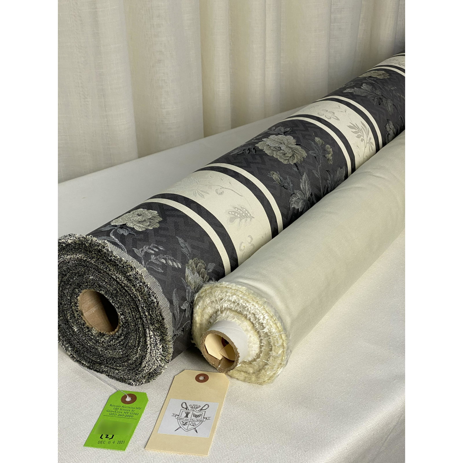 FRET Italian Lampas and Sheer Fabrics: 1) 20 yards of Fret's "Modern Floral", a cotton and viscose Italian striped lampas, Item #47-3, 55" wide. The multi on cider and ivory broad upholstery stripe has a design repeat of 27" vertical by 27
