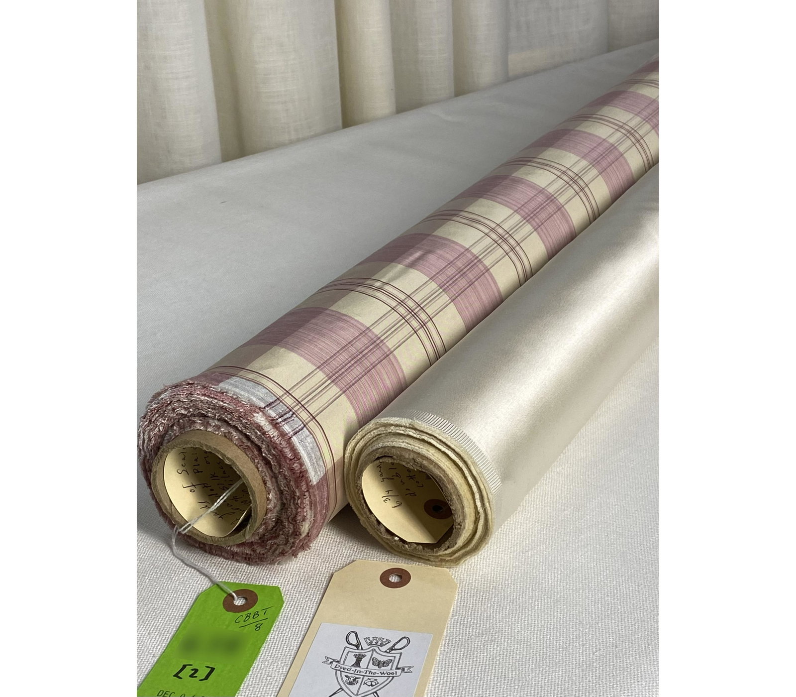 Scalamandre and Coraggio Silk Fabrics: 1) 22 yards of Scalamandre's "Turandot Plaid", #30157-7, a silk plaid created in cooperation with Rose Tarlow. In lilacs, purple and cream, the 100% silk taffeta plaid is durable for both upholstery a
