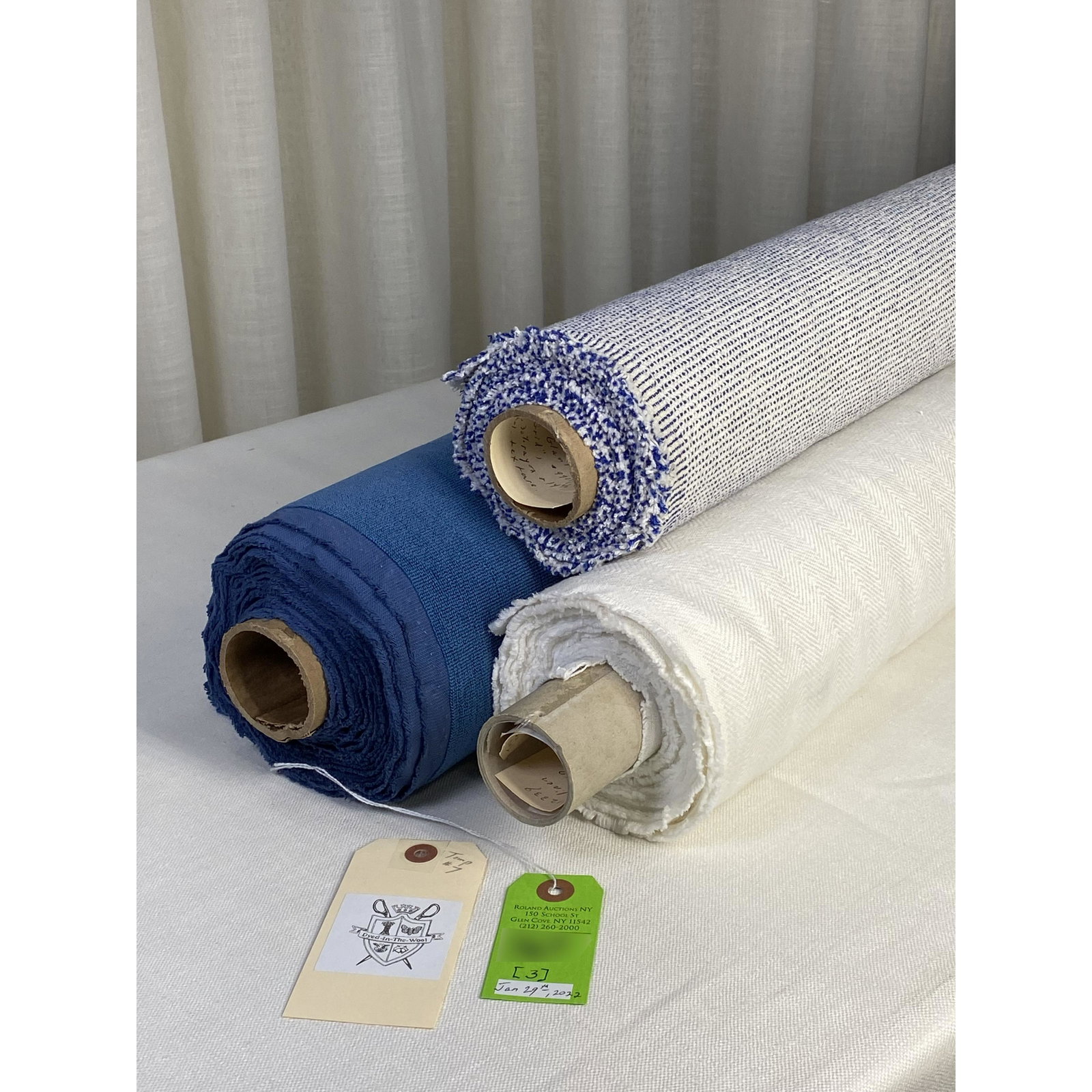 Holland & Sherry, Maharam and Glant Fabrics: 1) 11 yards of Holland & Sherry's "Pyrennes", color "Oyster", # DE12339, a 100% Belgium linen, chevron warp stripe for upholstery or windows, 56" width. 2) 6 yards of Maharam's blue wool faced frieze 