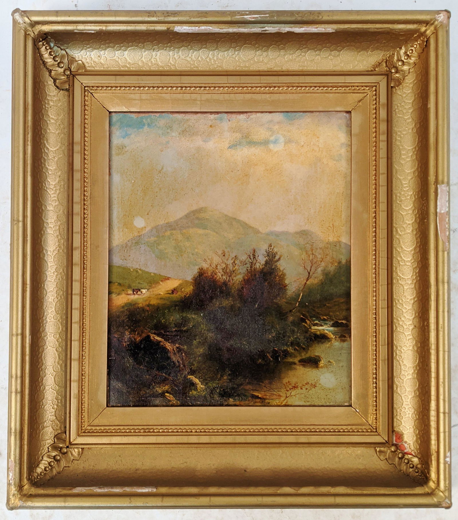19th C. Oil Painting: Cows on Mountainside (1 of 8)