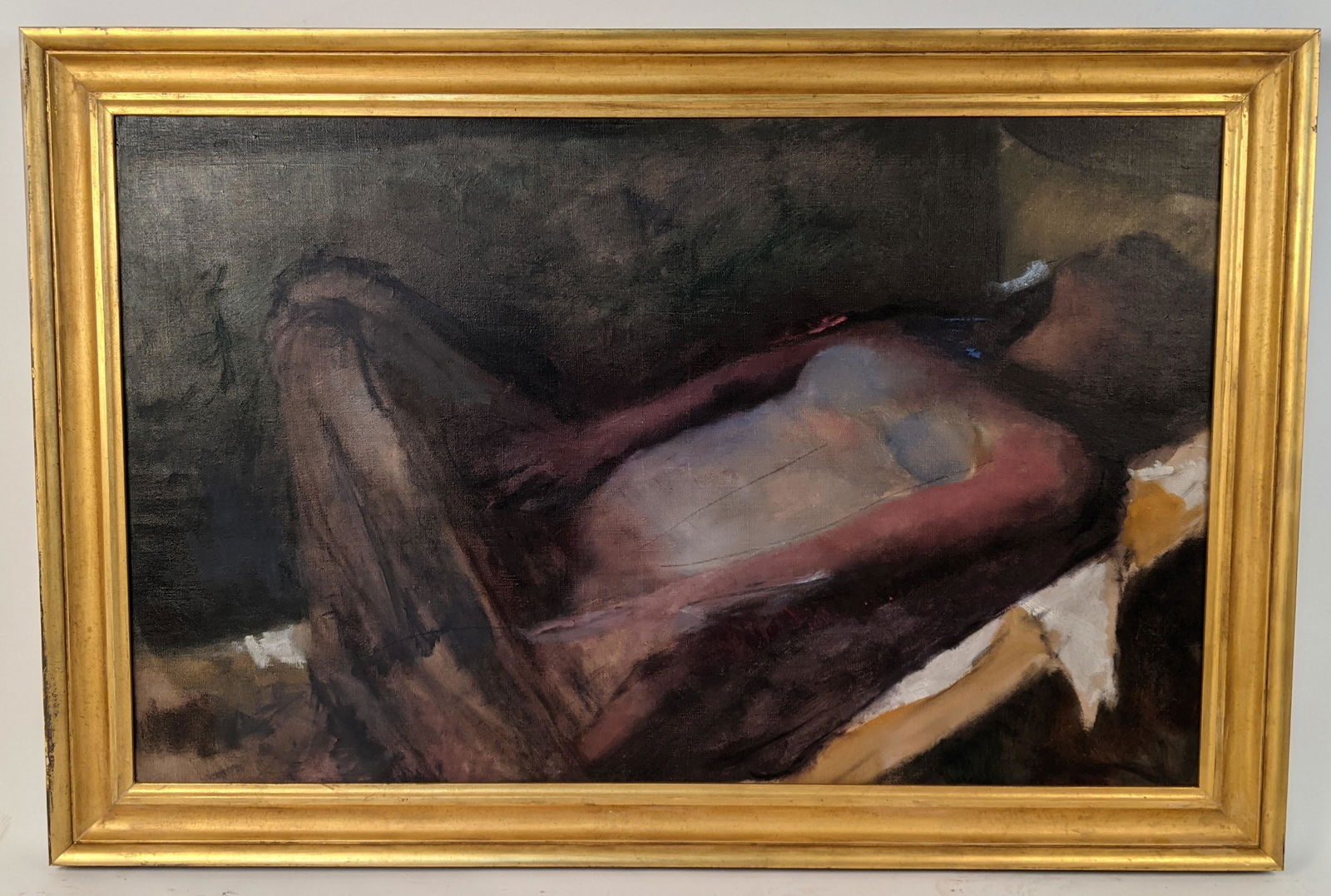 Arthur B. CARLES: Reclining Nude - Painting: Oil on canvas painting of a reclining nude, in a gilt frame, by Arthur Beecher Carles (American, 1882-1952). [Art: 32" H x 51" W; Frame: 38 3/4" H x 59" W]. In good condition.