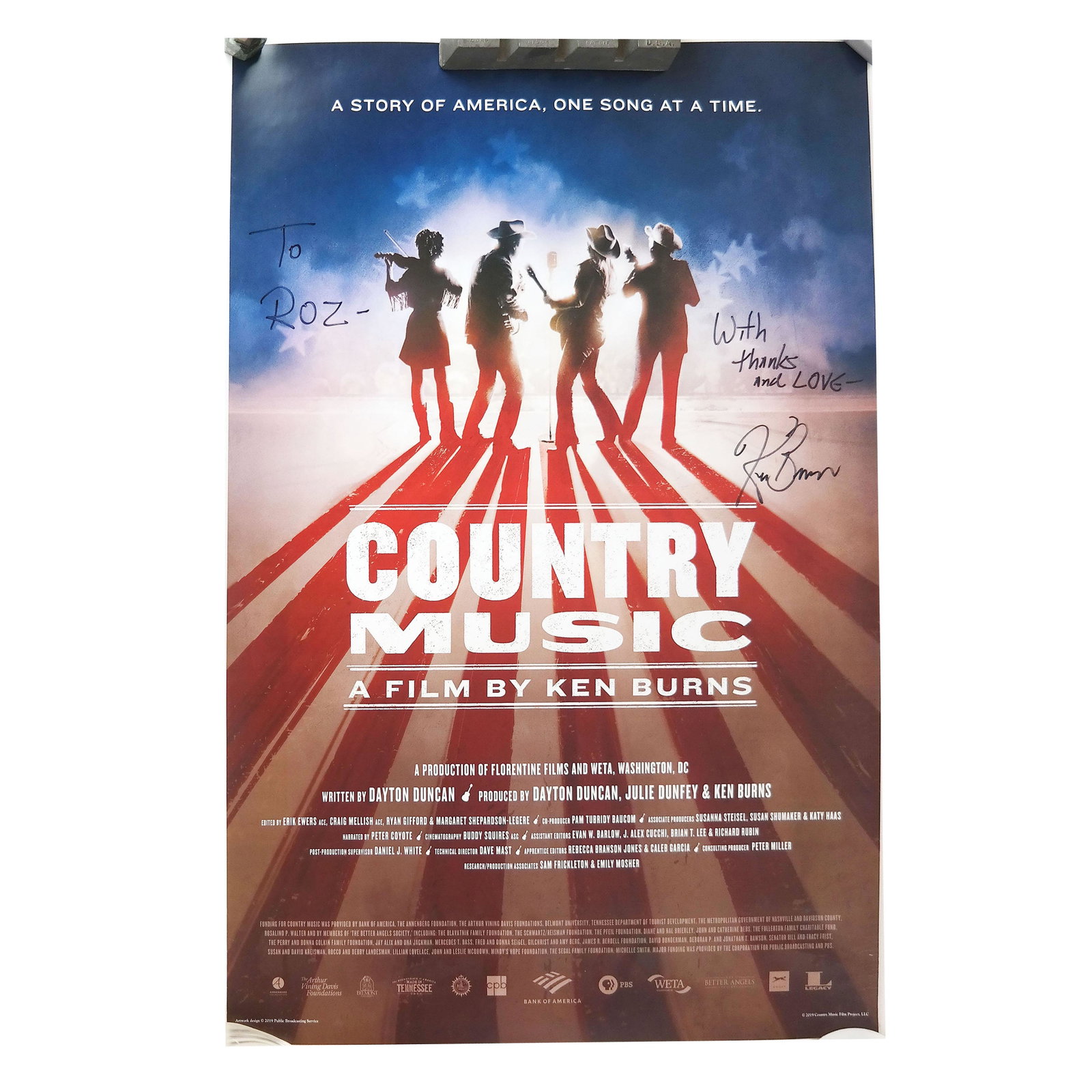 Ken Burns Autographed Poster: Autographed poster of "Country Music" movie. [36" H x 24" W].