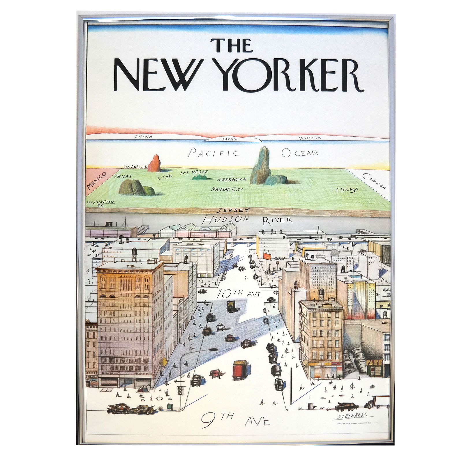 Famous Steinberg Poster "The New Yorker": Reproduction poster of the famous magazine cover depicting a view of the world, west from 9th Avenue, NYC, nicely framed. [Art: 28" H x 41" W; Frame: 29" H x 42" W].