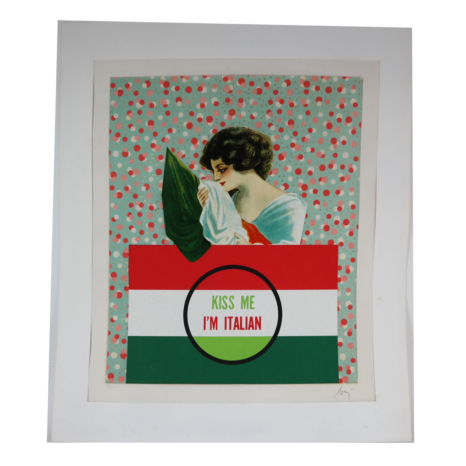 Enrico BAJ: "Kiss Me" - Silkscreen: "Kiss Me, I'm Italian" woven above Italian flag, signed lower right, #76/100. [Art: 20" H x 24" W; Frame: 28" H x 33" W].