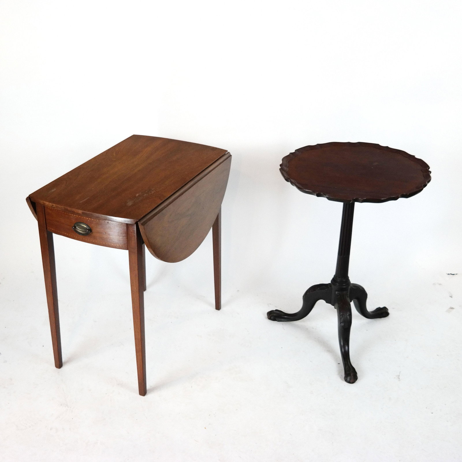 Piecrust Table and Pembroke Table: Piecrust round top table on post and tripod base [27" H x 20" Diam.] and Pembroke table with one drawer [27" H x 20" W x 35" D].
