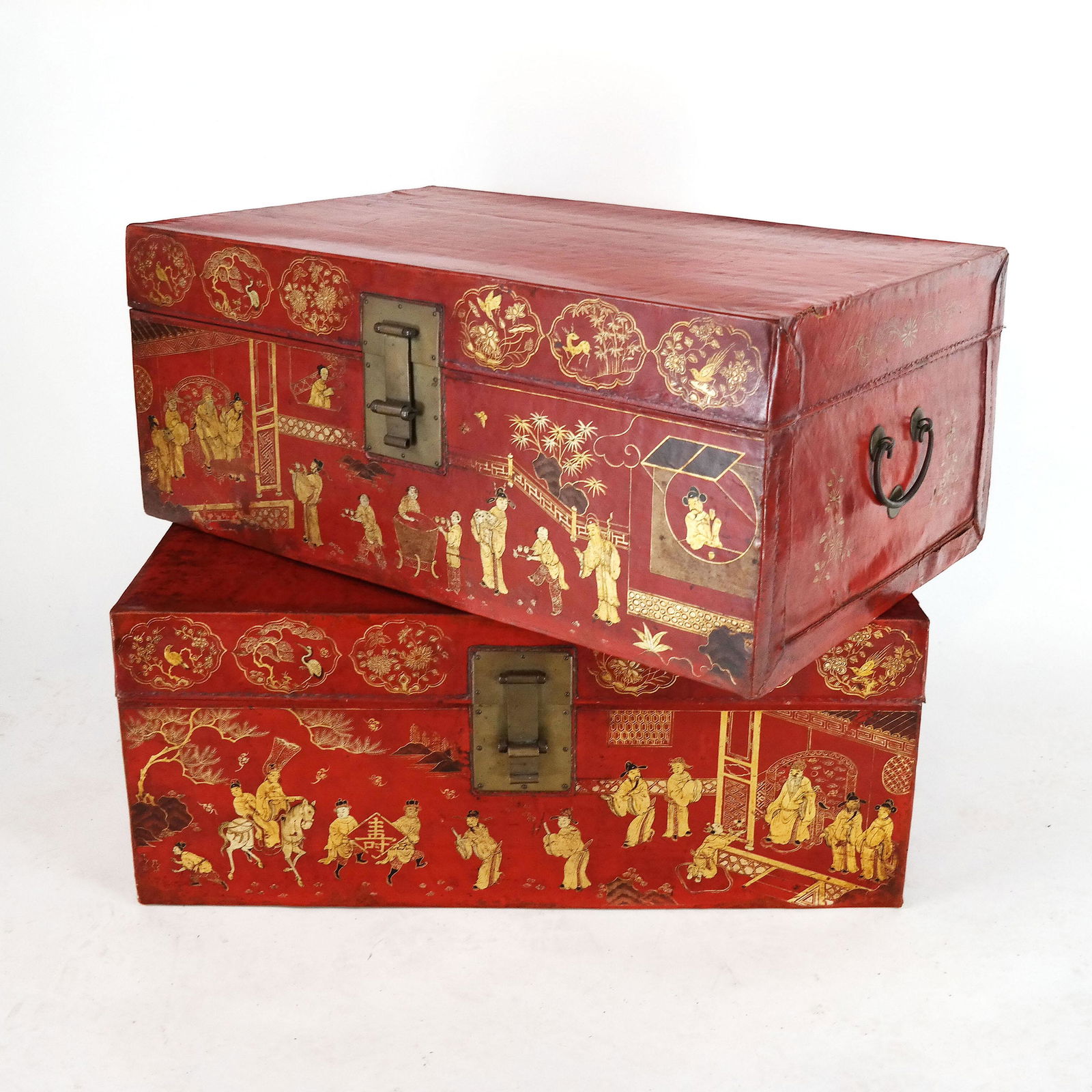 Pair Chinese Red Lacquer and Leather Trunks (1 of 13)
