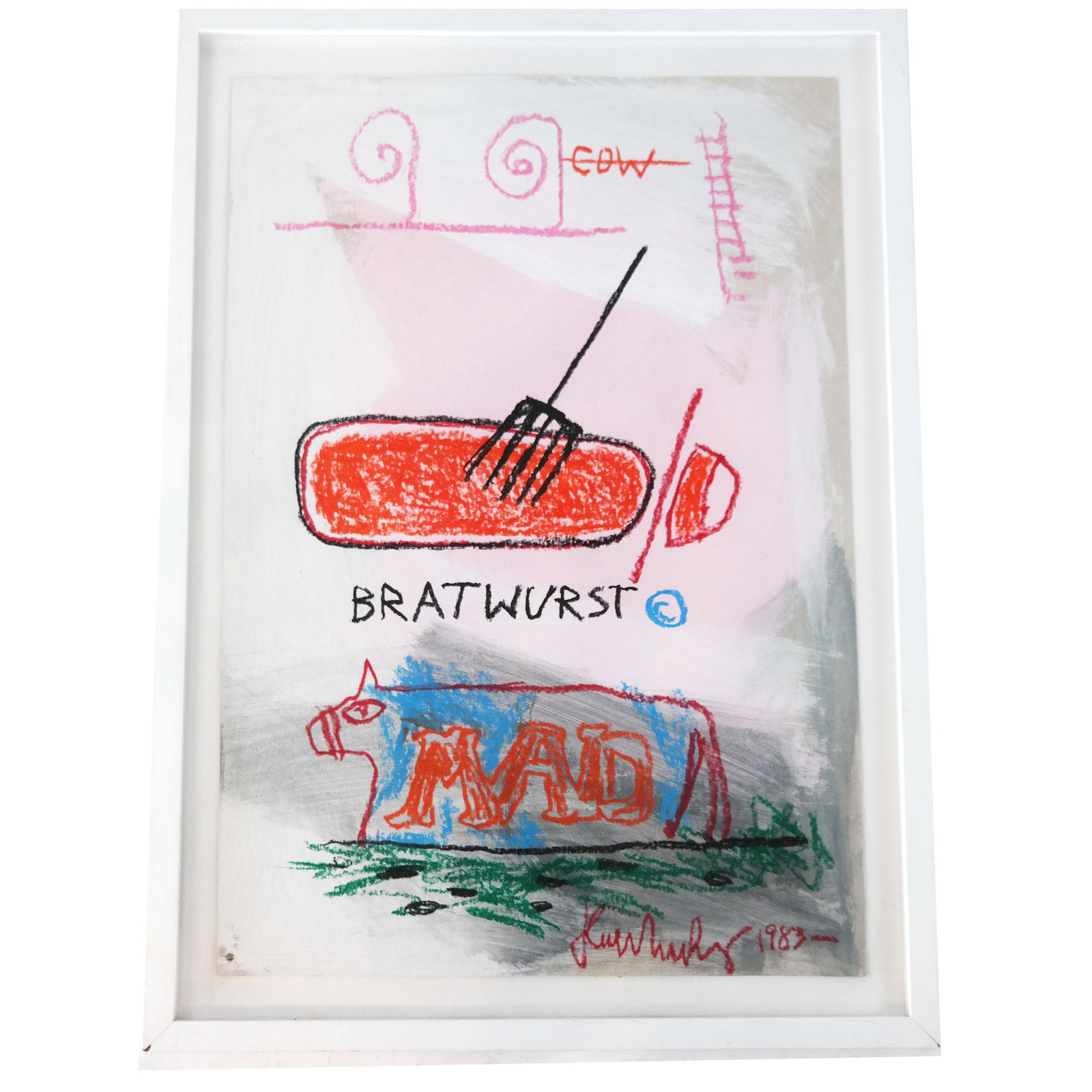 Jean-Michel BASQUIAT: Lithograph, 1983: Lithograph of a 1983 work by Jean-Michel Basquiat (American, 1960-1988). [Sheet: 25 3/4" H x 17 3/4" W; Frame: 21 3/4" H x 30" W]. In good condition.