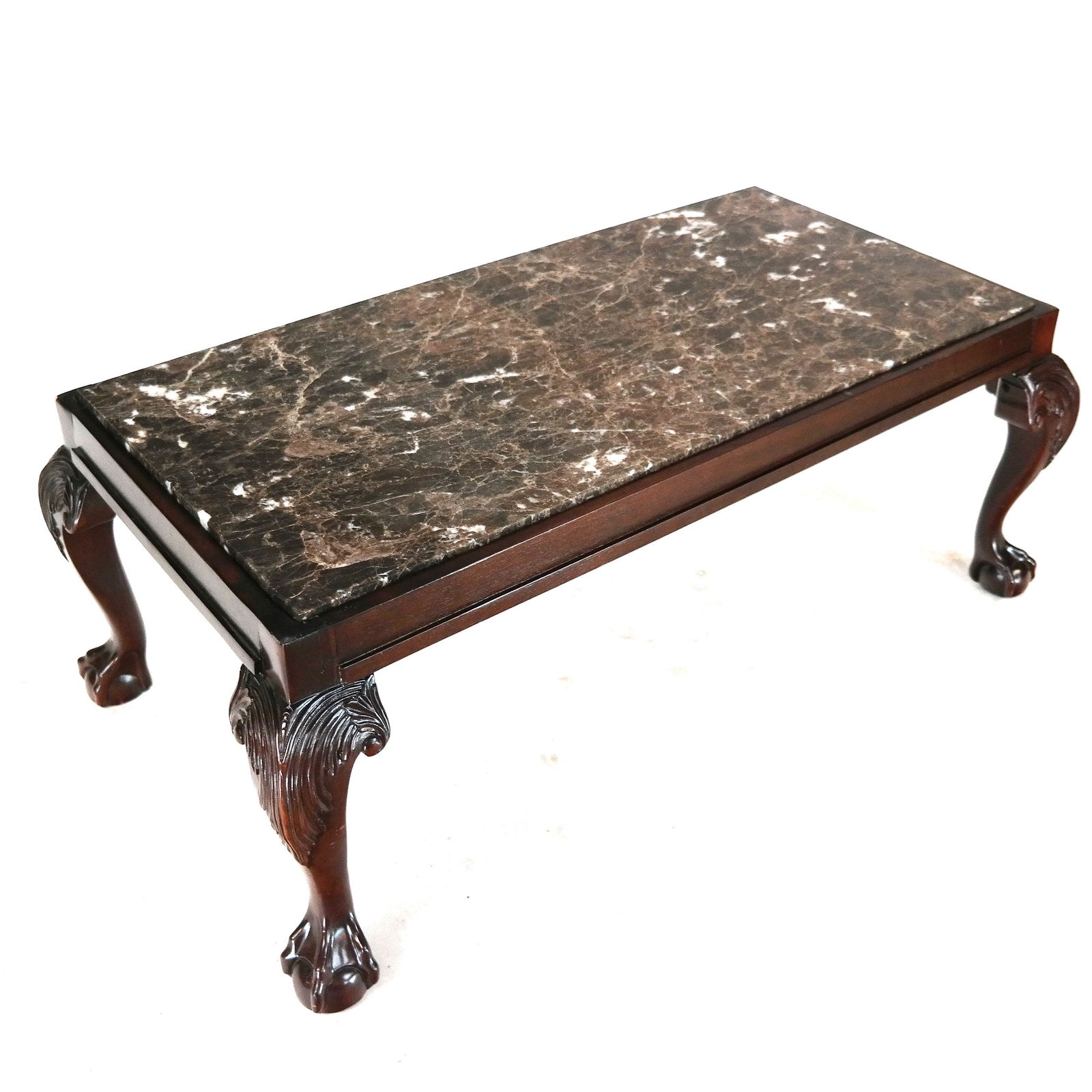 Carved Mahogany Coffee Table w/ Marble Top (1 of 6)