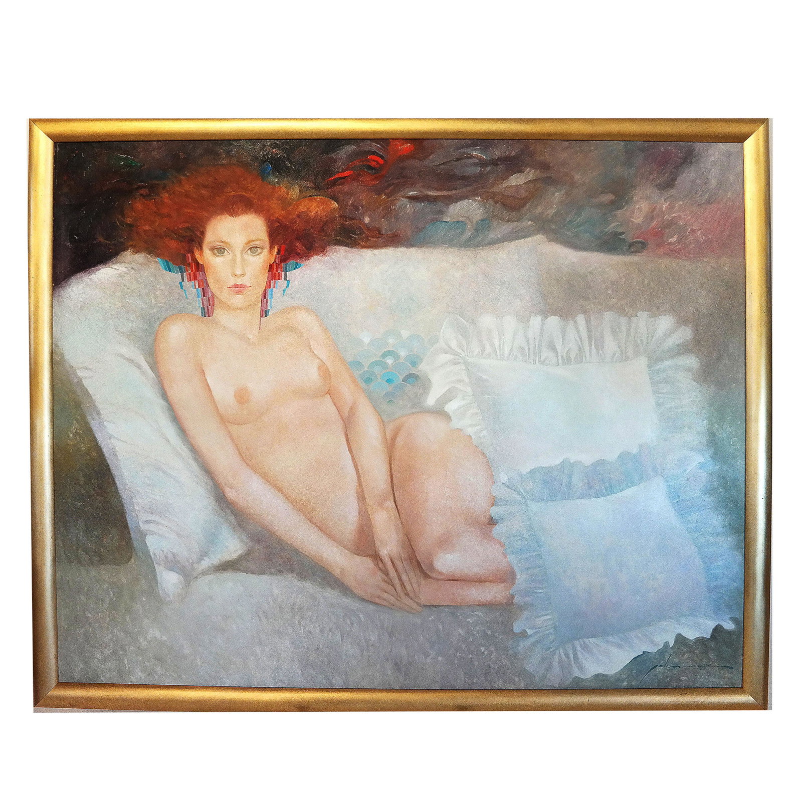 Felix MAS: Seated Nude - Oil Painting: Felix Mas (Spanish, b. 1935) gilt framed oil on canvas painting of a seated nude, titled "Desnudos Y Grises", 1983, signed lower right; with original purchase receipt. [Art: 40" H x 50" W; Frame: 43 1