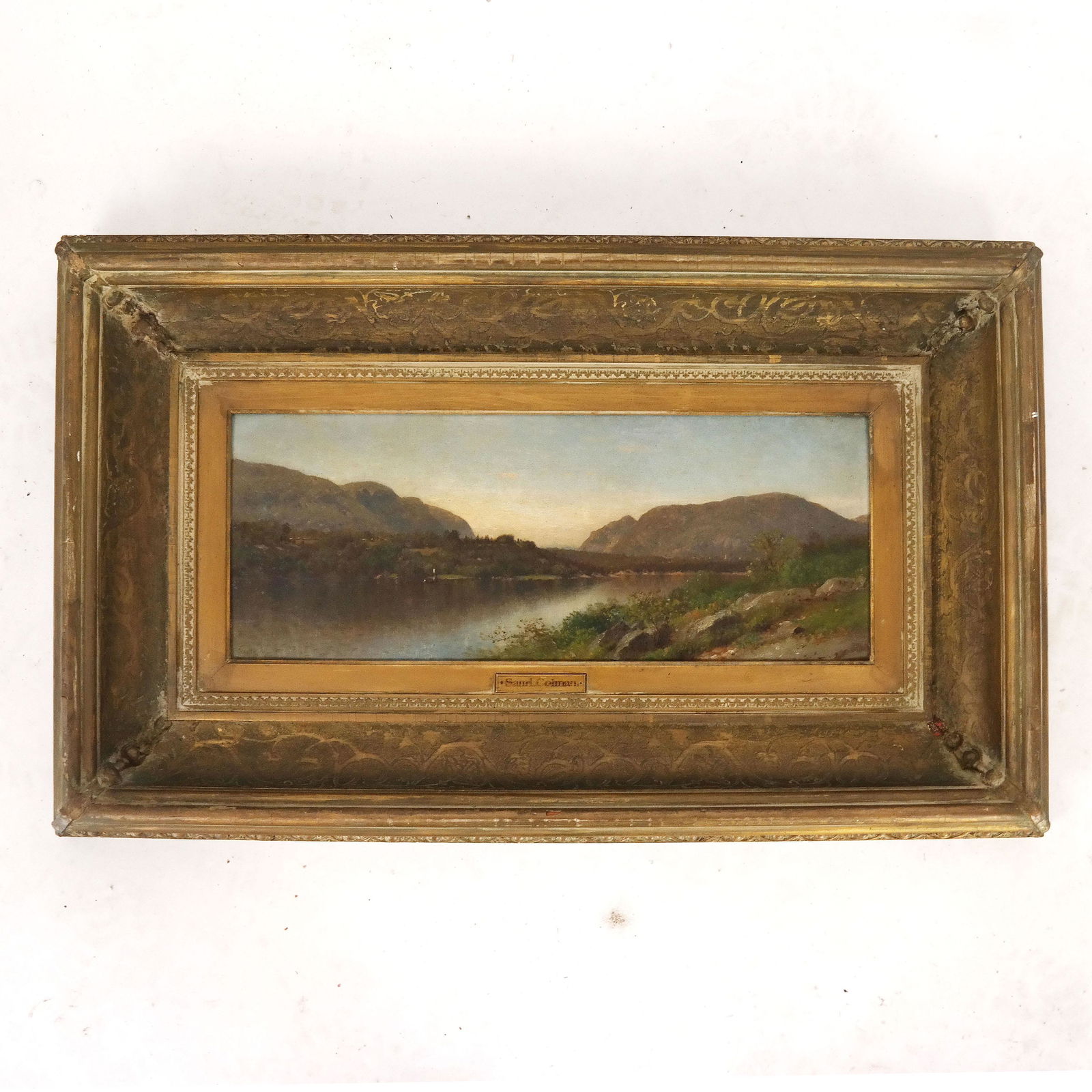 Samuel COLMAN: River Landscape - Painting: View of the Hudson River near Garrison, oil and watercolor on board painting by Samuel Colman {American, 1832-1920). [Art: 7 1/2" H x 17 5/8" W; Frame: 16 3/4" H x 27 3/8" W]. In good condition.