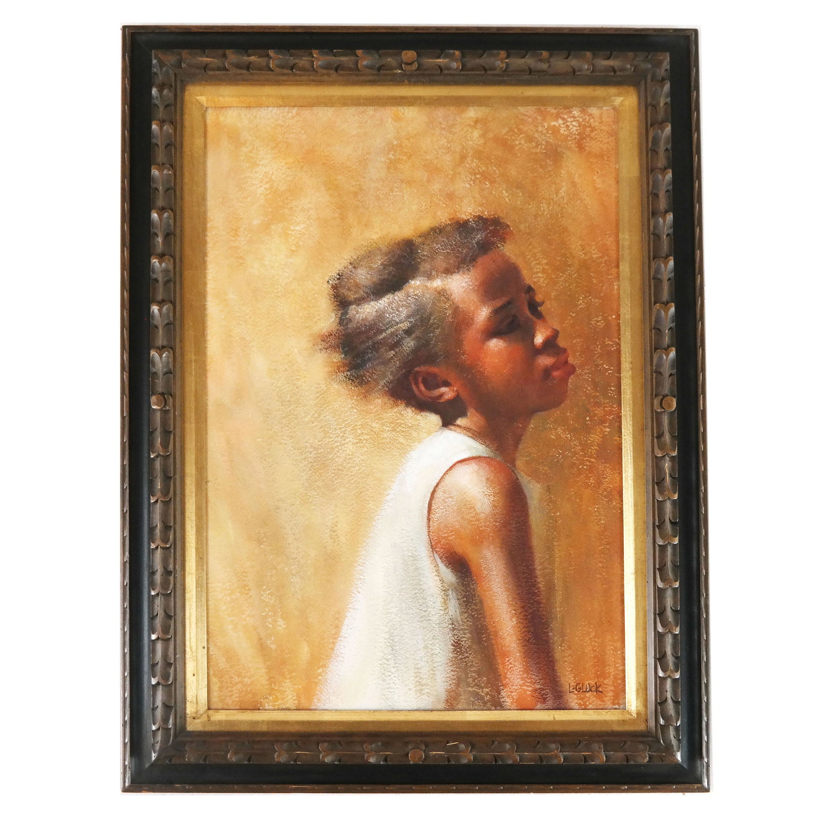 Larry GLUCK: Girl Portrait - Pastel Painting: Portrait of a young girl, by Larry Gluck (American, b. 1931), in pastel on paper, framed under glass. Signed lower right. [Sight: 21 1/2" H x 14 5/8" W; Frame: 28" H x 20 1/4" W]. In good condition.