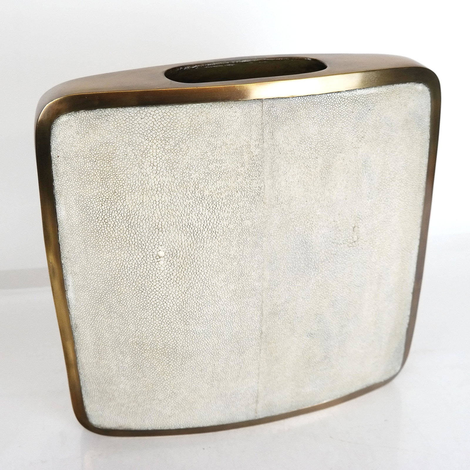 R & Y Agousti Shagreen Mounted Vase: Ovoid shaped bronze vase with two sides in shagreen veneer. [13 1/2" H x 13" W x 3" D].