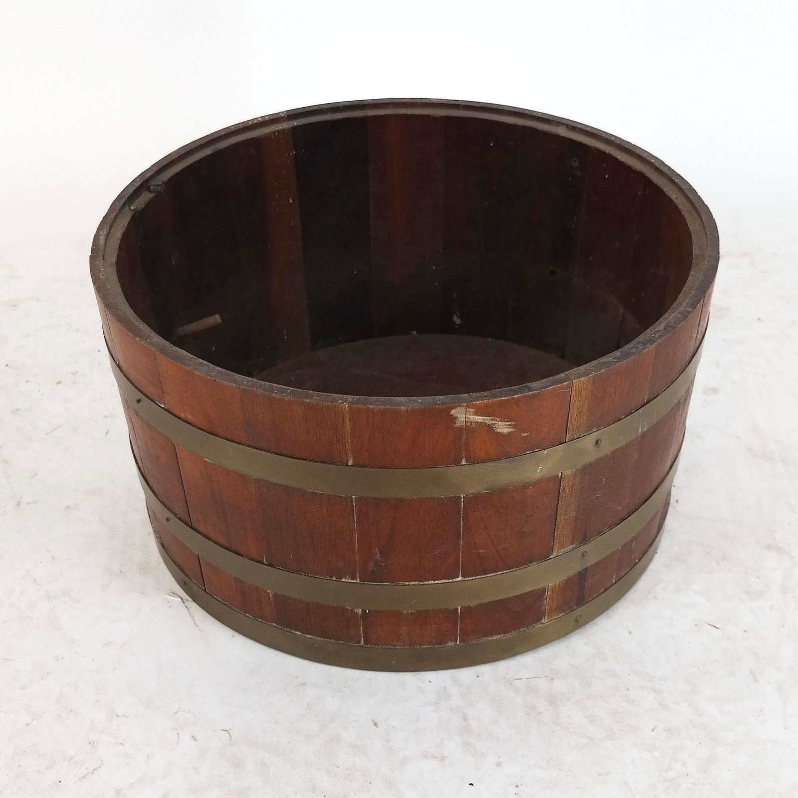 Antique Mahogany Brass Bound Wine Tub: George III wine tub or planter. [10" H x 18 1/2" Diam.].