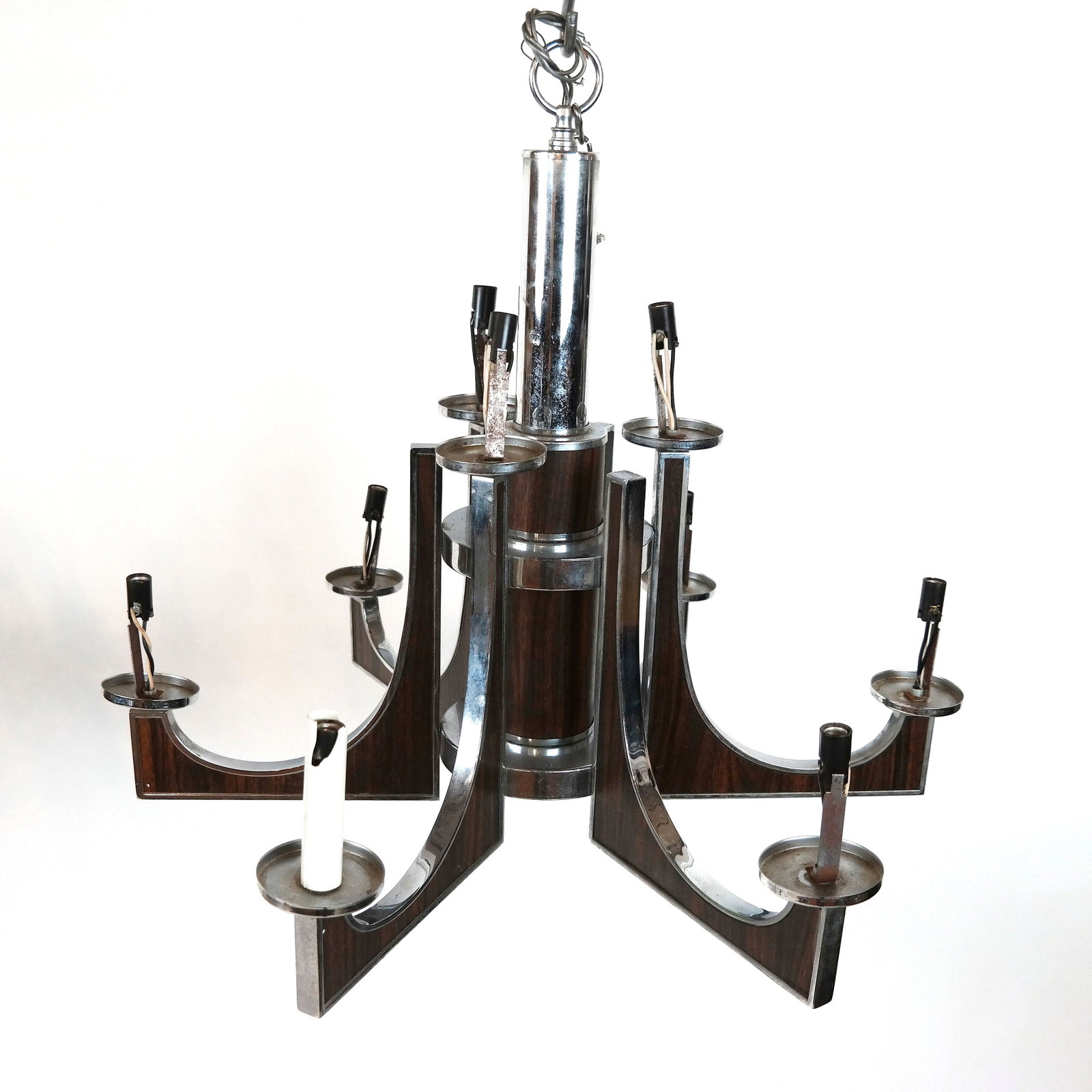 Vladimir Kagan-Style 6-Light Chandelier: Modern rosewood-style laminate and chrome fixture chandelier. [22" H x 24" Diam.]. Light hardware (as-is).