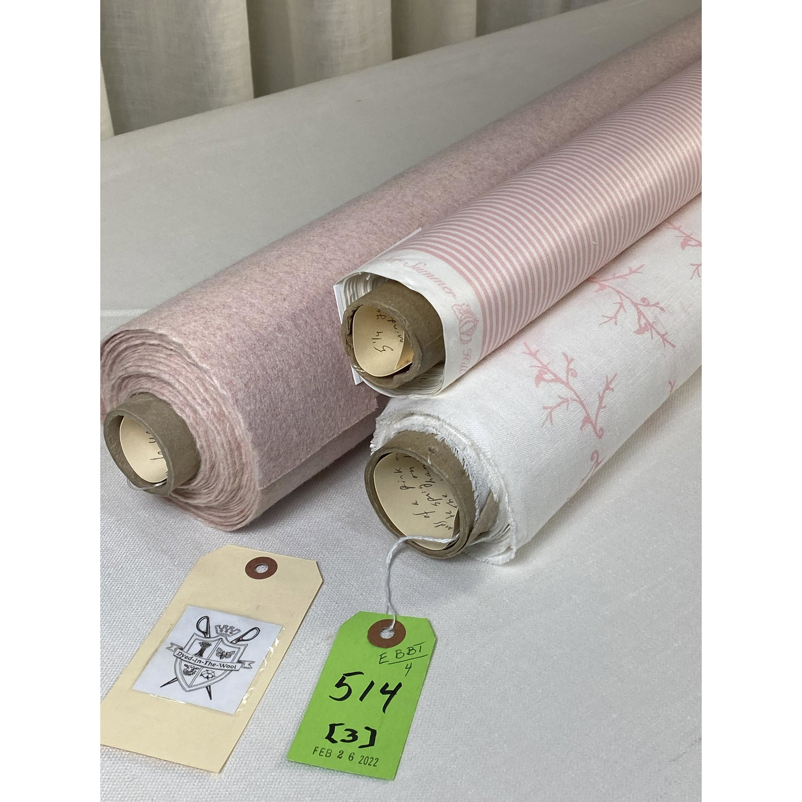 Thinking Pink Natural Fiber Fabrics: 1) 4 yards of a pink and white printed linen with a delicate pink sprig, 54" wide. Fine for windows or upholstery. 6" x 6" design repeat. 2) 5 1/4 yards of Summer Hill's printed cotton Candy Stripe in