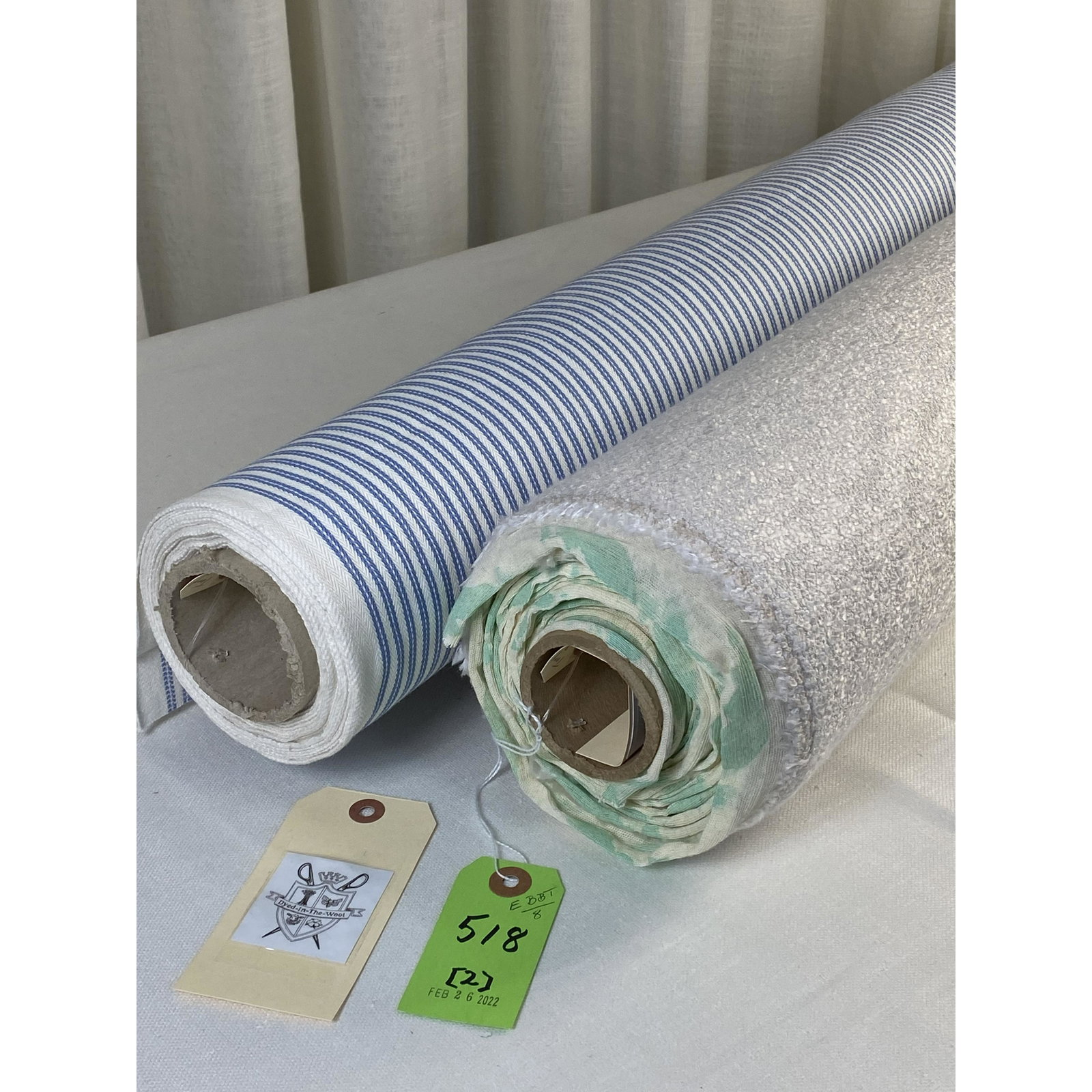 Holly Hunt and Cowtan & Tout Fabrics: 1) 5 1/2 yards of Holly Hunt's luscious knit backed viscose blended upholstery texture called "Breathe Easy" in colorway "Cloud", 54" width. 2) 7 1/2 yards of Cowtan & Tout's cotton herringbone tickin