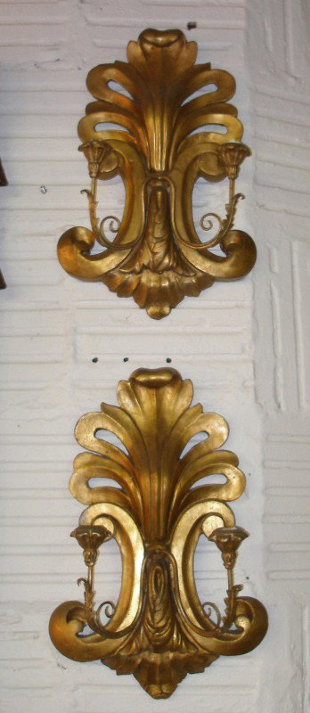 Pair of Antique Italian Baroque Giltwood Sconces: Each In Shell Form w/ Gilt Leaf Metal Arms 22" x 14"