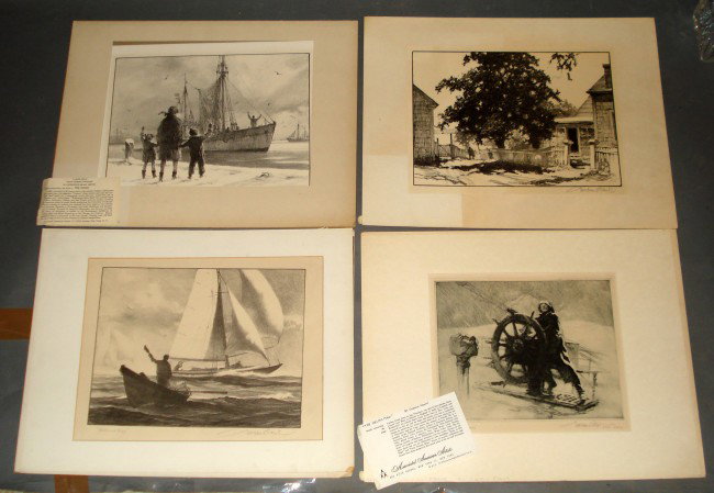4 Lithographs Maritime Scenes: Gordon Grant, Lawrence Beall Smith, Signed. Unframed/ Matted 9" x 12"