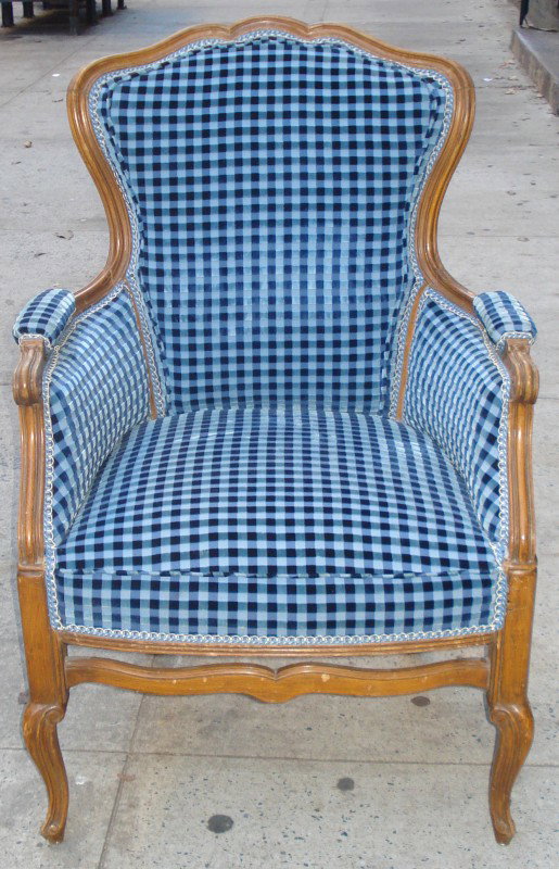 LXV Style Upholstered Bergere: Custom Bergere In Walnut Having Stretcher Base