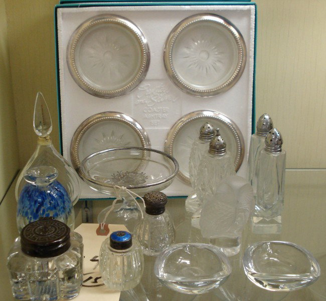 15 pc Crystal: Including 2 boxed sets ashtrays, signed owl, signed art glass perfumebottle, 6 salt & pepper, heart shaped perfume bottle, inkwell, 2 nut dishes, silver overlay compote.