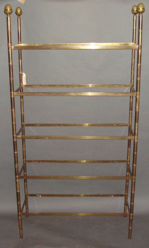 Faux Bamboo Brass Etegere: Having 5 Glass Shelves & Acorn Finials