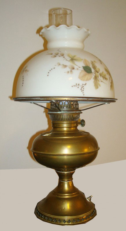 Brass "Gone With The Wind" Lamp: Brass base with white glass floral shade., 21"