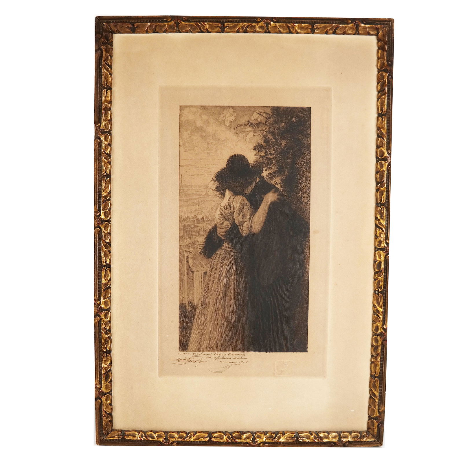 Maurice NEUMONT: "Lovers" - Etching: Maurice Neumont (French, 1868-1930) etching "The Lovers", in a frame. A pupil of Jean-Leon Gerome at the School of Fine Arts in Paris, Maurice Neumont exhibited at the Salon des Artistes Francais in 1