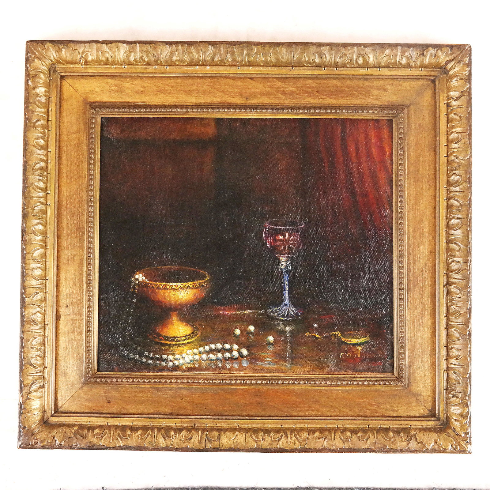 19th C. Still Life - Oil Painting: Oil on canvas painting of a table still life with chalice and pearls, signed illegibly lower right. [Art: 15" H x 13 1/2" W; Frame: 24" H x 21" W]. Restored and relined.