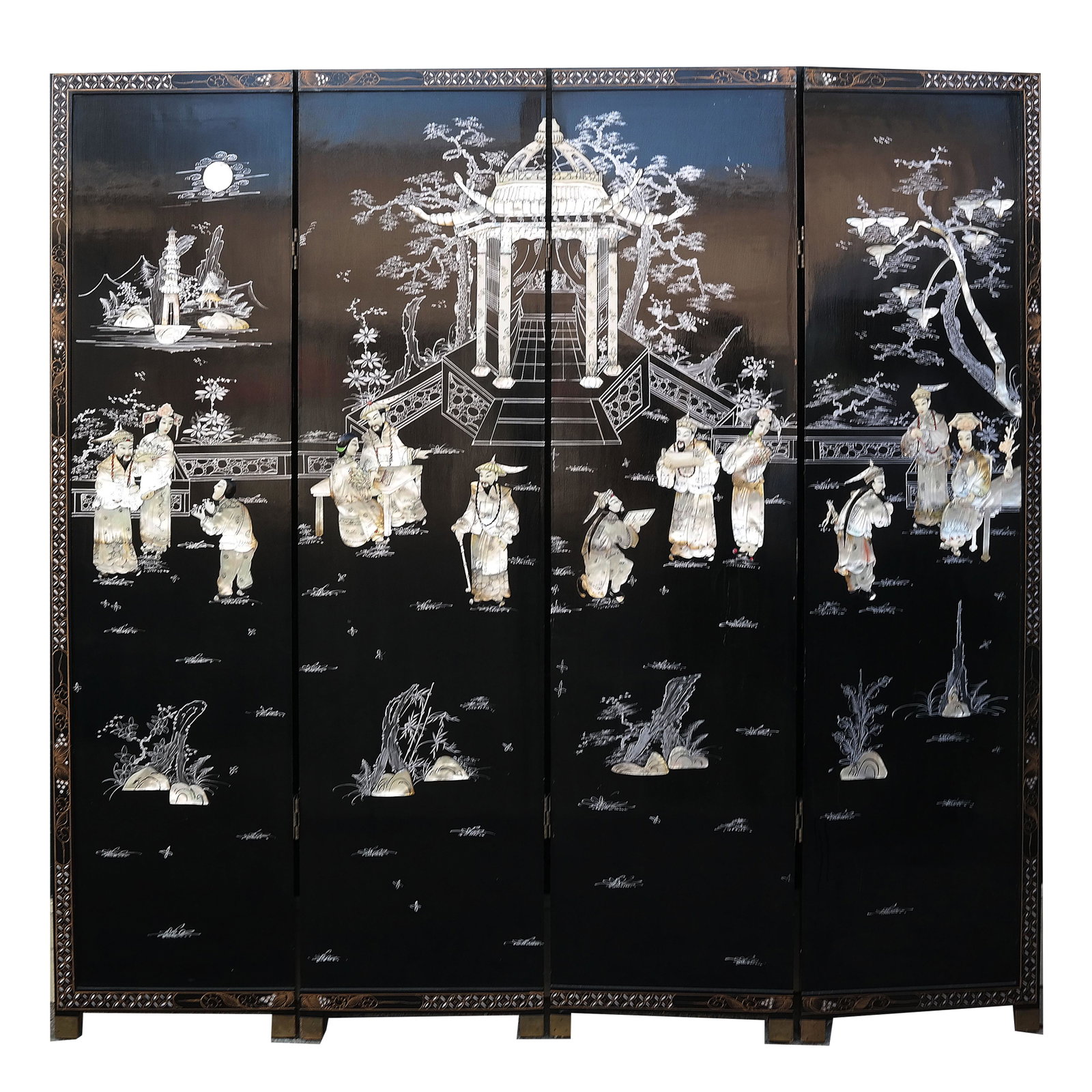 Chinese 4-Panel Black Lacquer Floor Screen: Chinese four panel screen featuring an idyllic ornamental garden scene with hand crafted carved bone and inlaid mother-of-pearl figures around a pavilion set on a black lacquer background with gilt an
