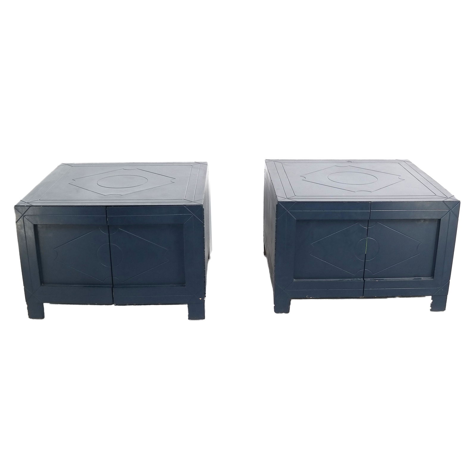 Pair of Phyllis Morris Storage Coffee Tables: Pair of two-door low cabinets by Phyllis Morris can be used as a coffee table, or as an oversized end table. The unique designs and detailing of products from Phyllis Morris's atelier earned the Bever