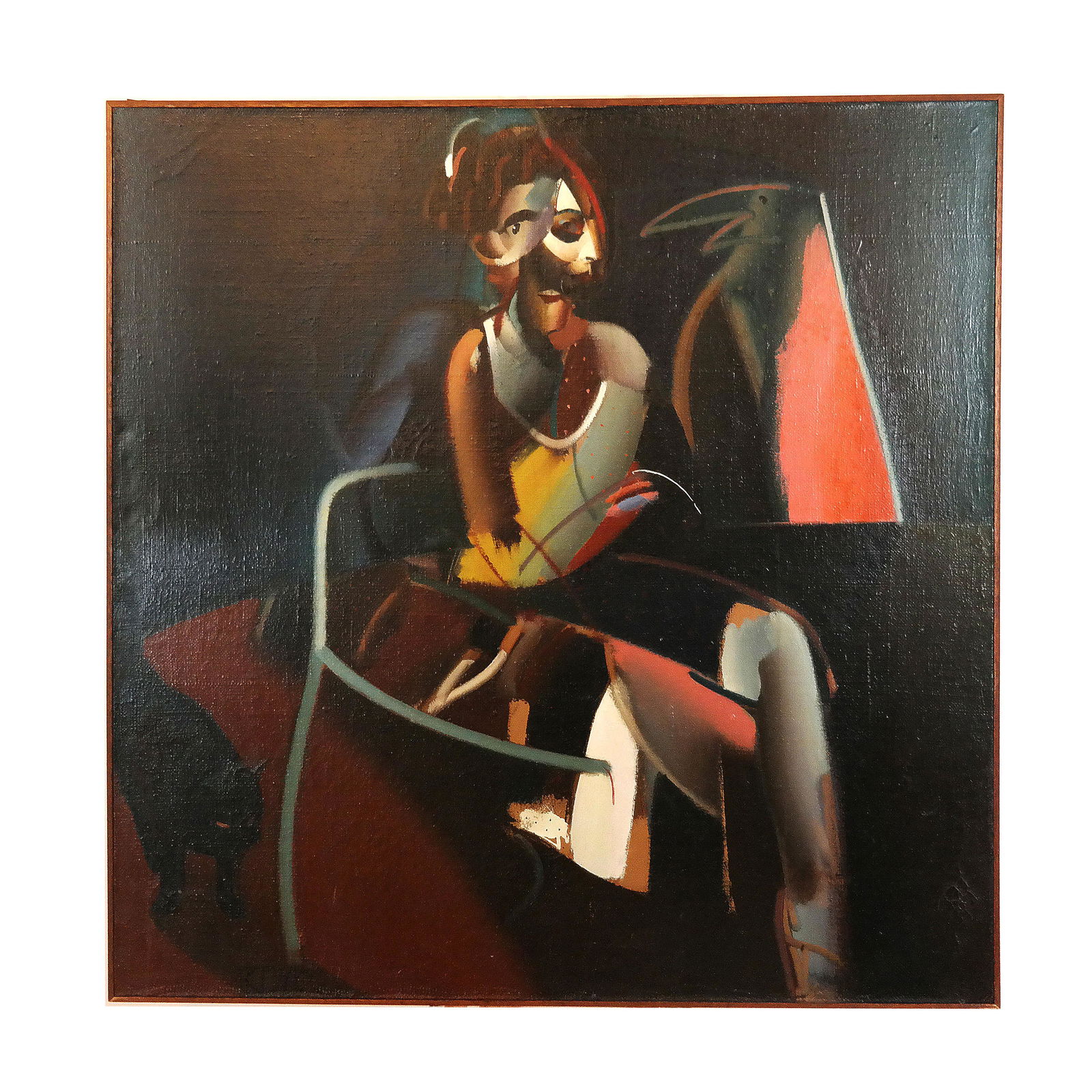 Ivan KUSTURA: Seated Figure - Oil Painting: Oil on canvas painting of a seated figure and a cat, signed lower left, dated 1983. Label on stretcher. [48" H x 48" W]. Scuffs, marks.