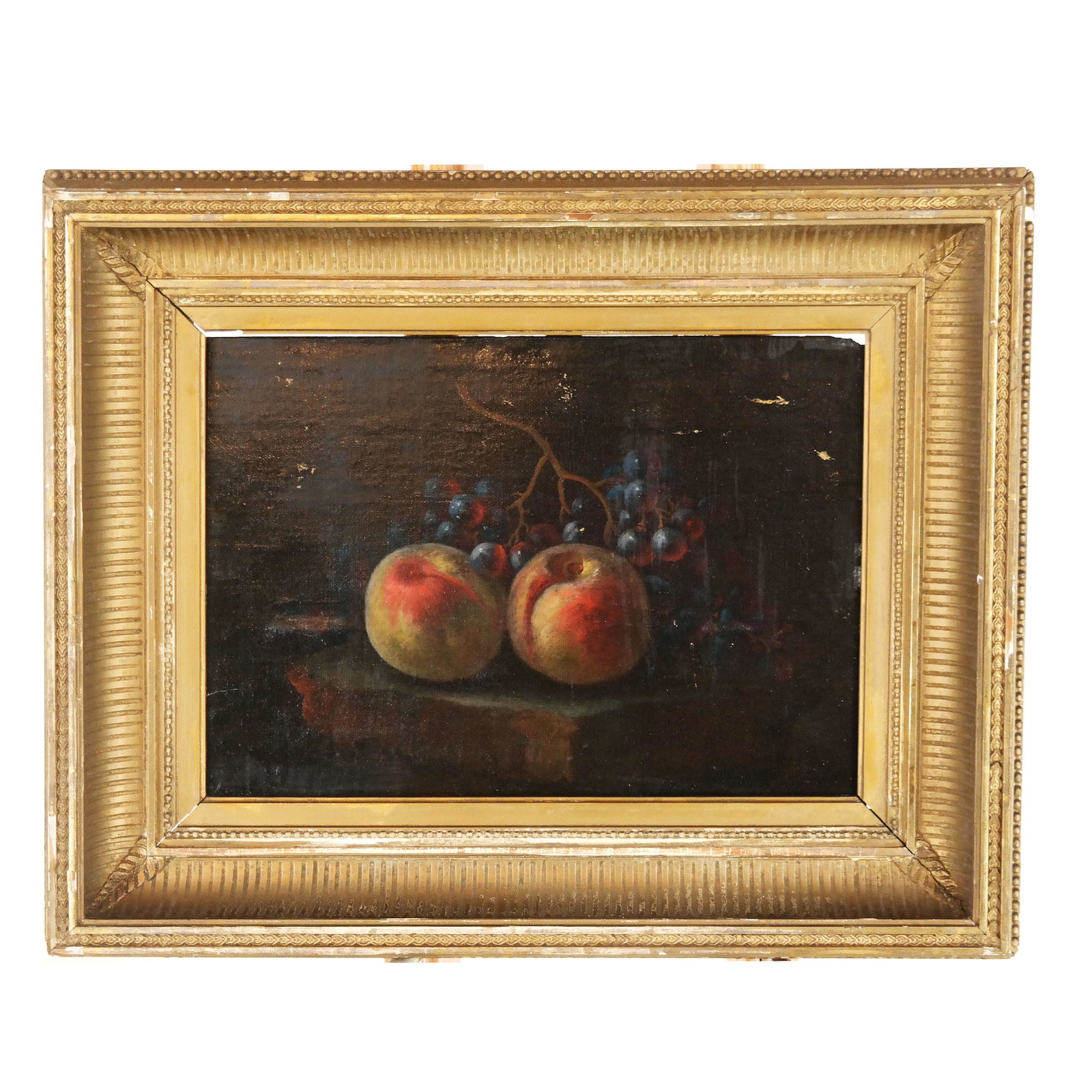 19th C. Still Life w/ Fruit - Oil Painting: 19th century Continental School still life with peaches and grapes, unsigned, the canvas mounted over board, in a carved gilt wood frame. [Art: 9 3/4" H x 13" W; Frame: 16 1/2" H x 20 1/2" W]. Canvas 