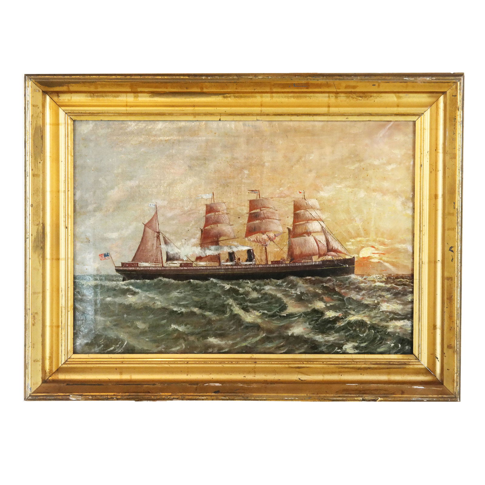 Late 19th C. Oil Painting: American Ship (1 of 7)