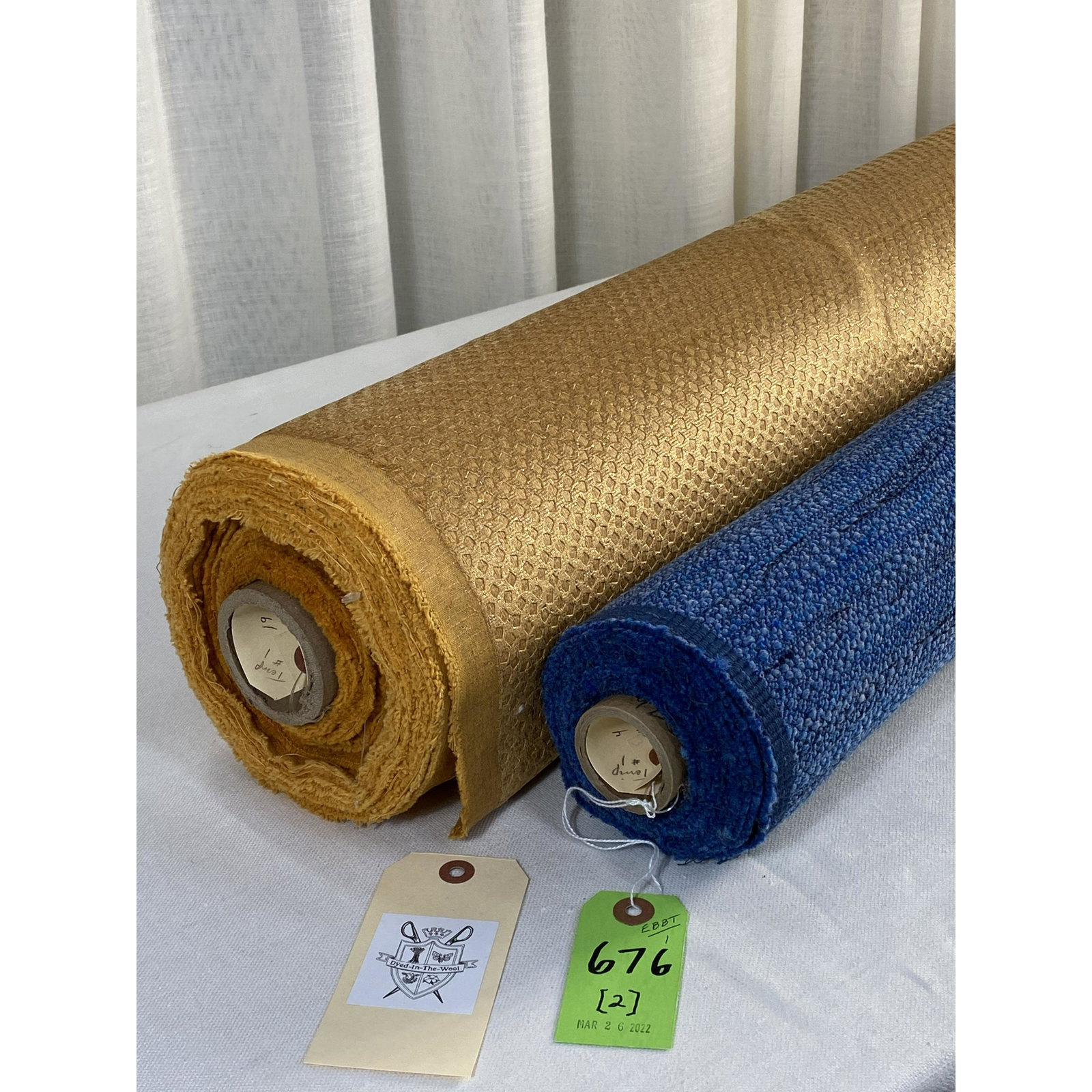 Knoll Texture and Euro Velvet Fabrics: 1) 4 yards of Knoll's "Rivington" upholstery texture in color "Sapphire", Item # K 10802, 55" wide. Acrylic backing for added strength. 2) 19 yards of a modern European pearlized and embossed cotton /