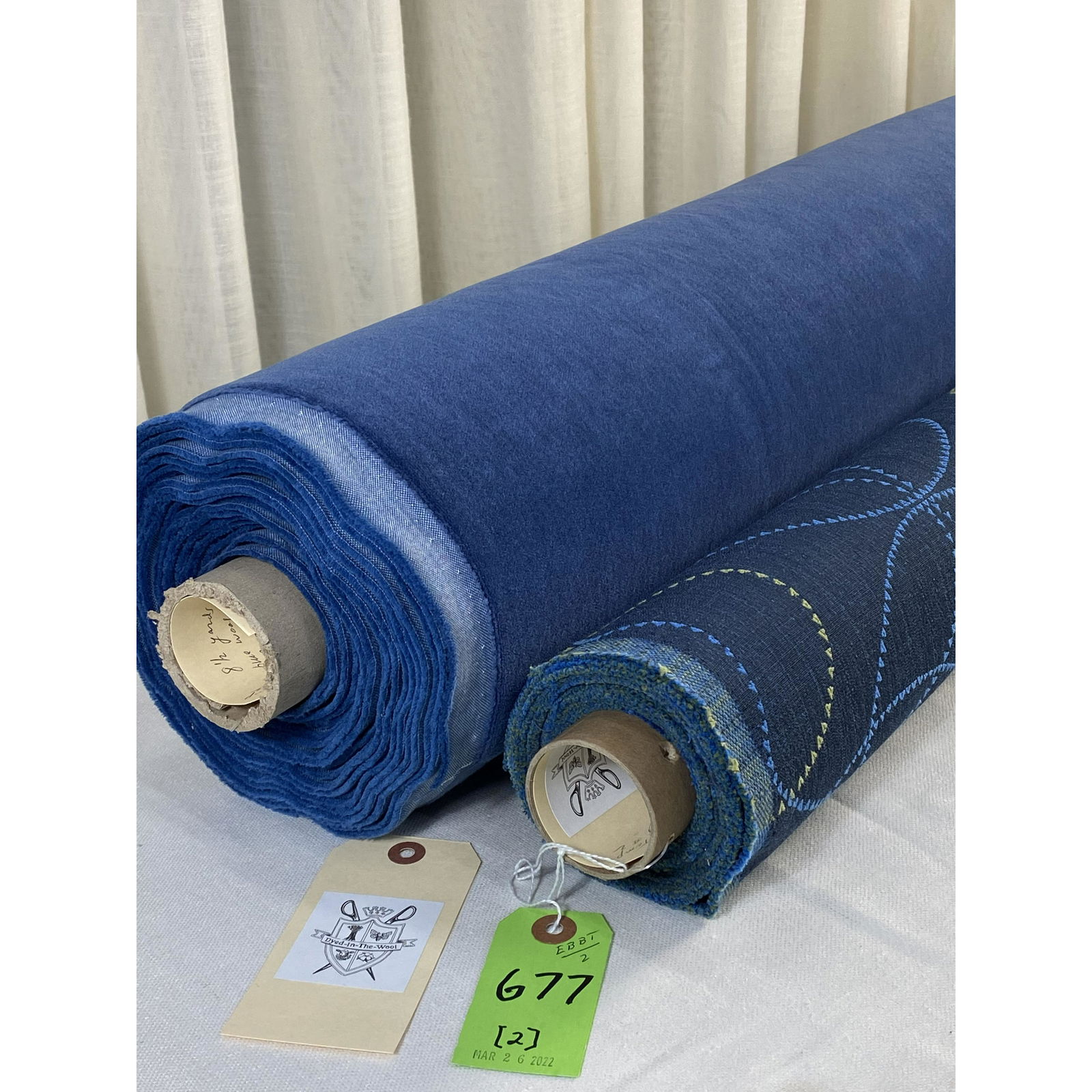 Maharam and Holland & Sherry Blue Fabrics: 1) 4 1/2 yards of Maharam's "Periphery" cotton blended tapestry, Ite, # 12620 in blues and yellow, 52" wide. The upholstery weight has a SynFin treatment and design repeats of 13 1/2" vertical by 14"