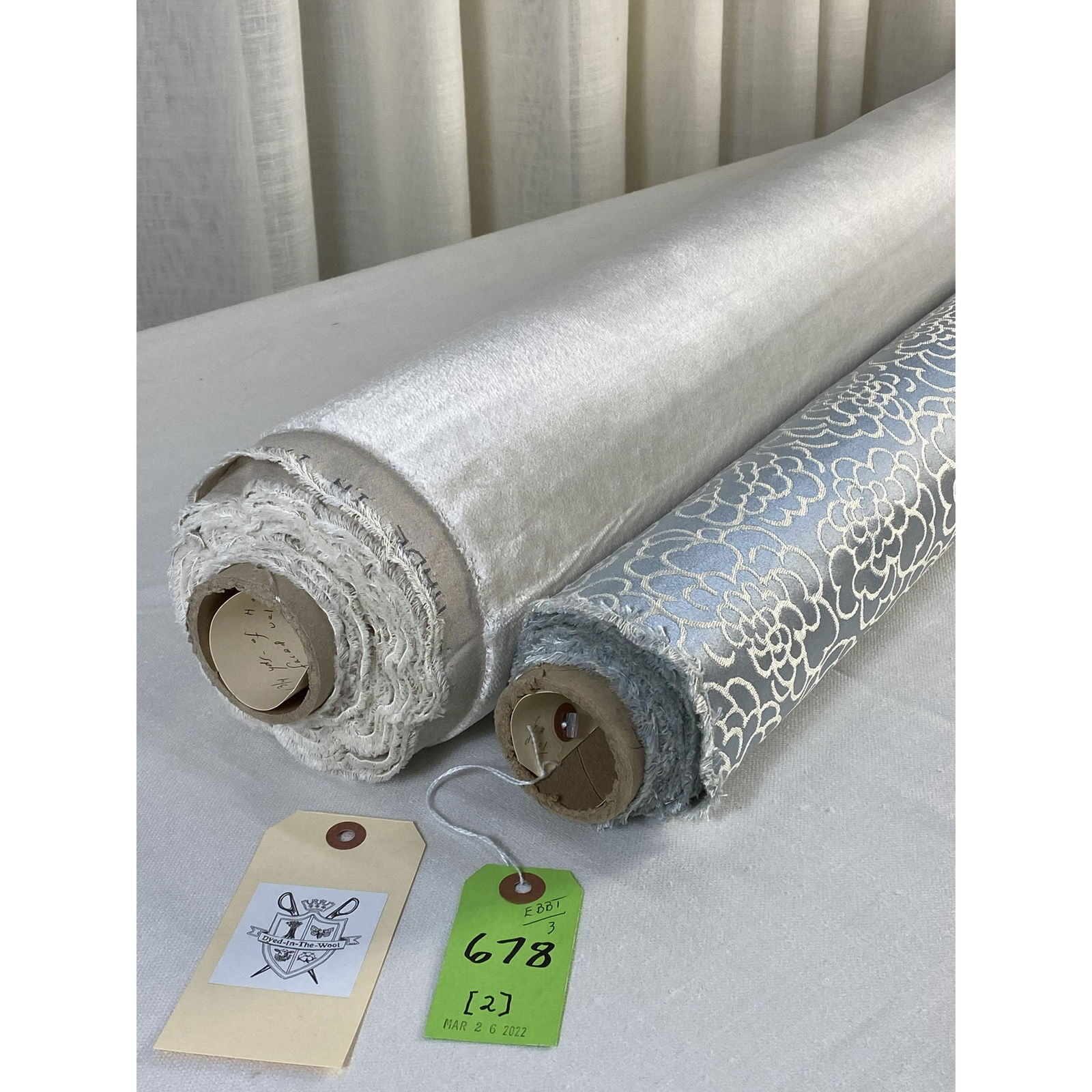 FRET Fabrics and Holland & Sherry Silks: 1) 3 3/4 yards of FRET's custom 100% silk lampas in powder blue and cream, called "Kiku", 54" wide. The allover stylized chrysanthemums have a design repeat of 13 3/4" vertical by 12 3/4" horizontal.