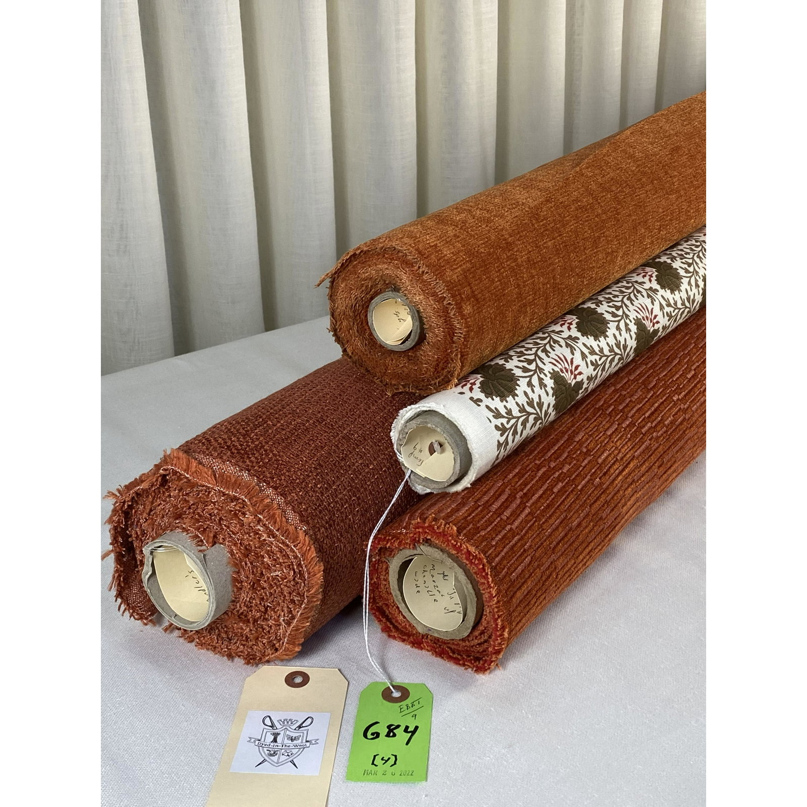 Sister Parish, Cowtan, Pindler & Berger Fabrics: 1) 1 1/2 yards of Sister Parish's "Vreeland", in brown red, Item # SPLL 3700-10, a 4-screen hand print on an off white linen, 54" width, with a seamable width of 51", with a 2 3/4" vertical repeat by 