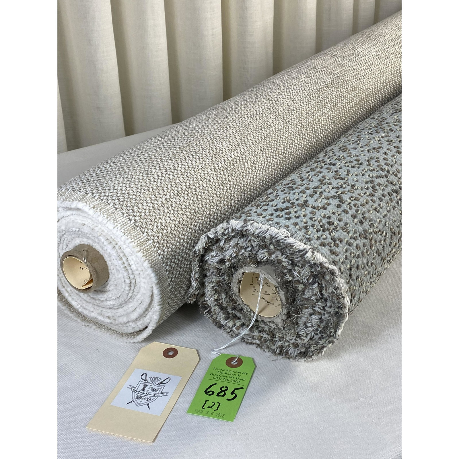 Lelievre for Stark and Pierre Frey Fabrics: 1) 4 yards of Lelievre's "Djebel" upholstery popcorn texture, in color "Galet", tans on soft aqua, Item # 02130-0505, 53" wide. The 76% cotton and 24% polyester textile has design repeats of 15 1/2" v