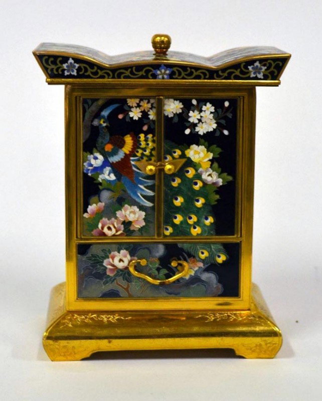 Inaba Japanese Cloisonne Miniature Jewelry Chest: Having Closed Doors Opening to Reveal Fitted Drawers w/ Pagoda Top on Bronze Dore base signed Inaba Company 6.5"H x 5.25"W x 2.5"D